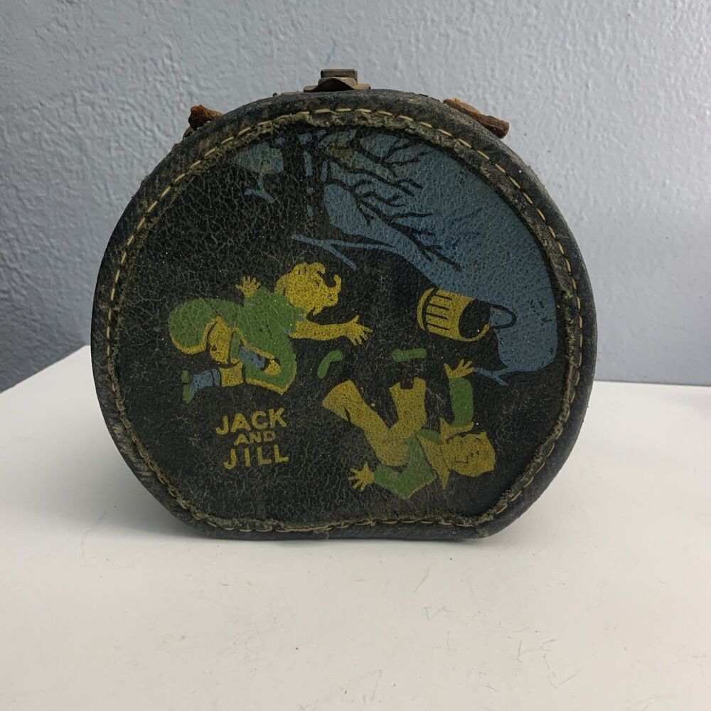 Vintage 1950s Jack & Jill Child's Toy Leather Carrying Case or Lunch Box Vanity